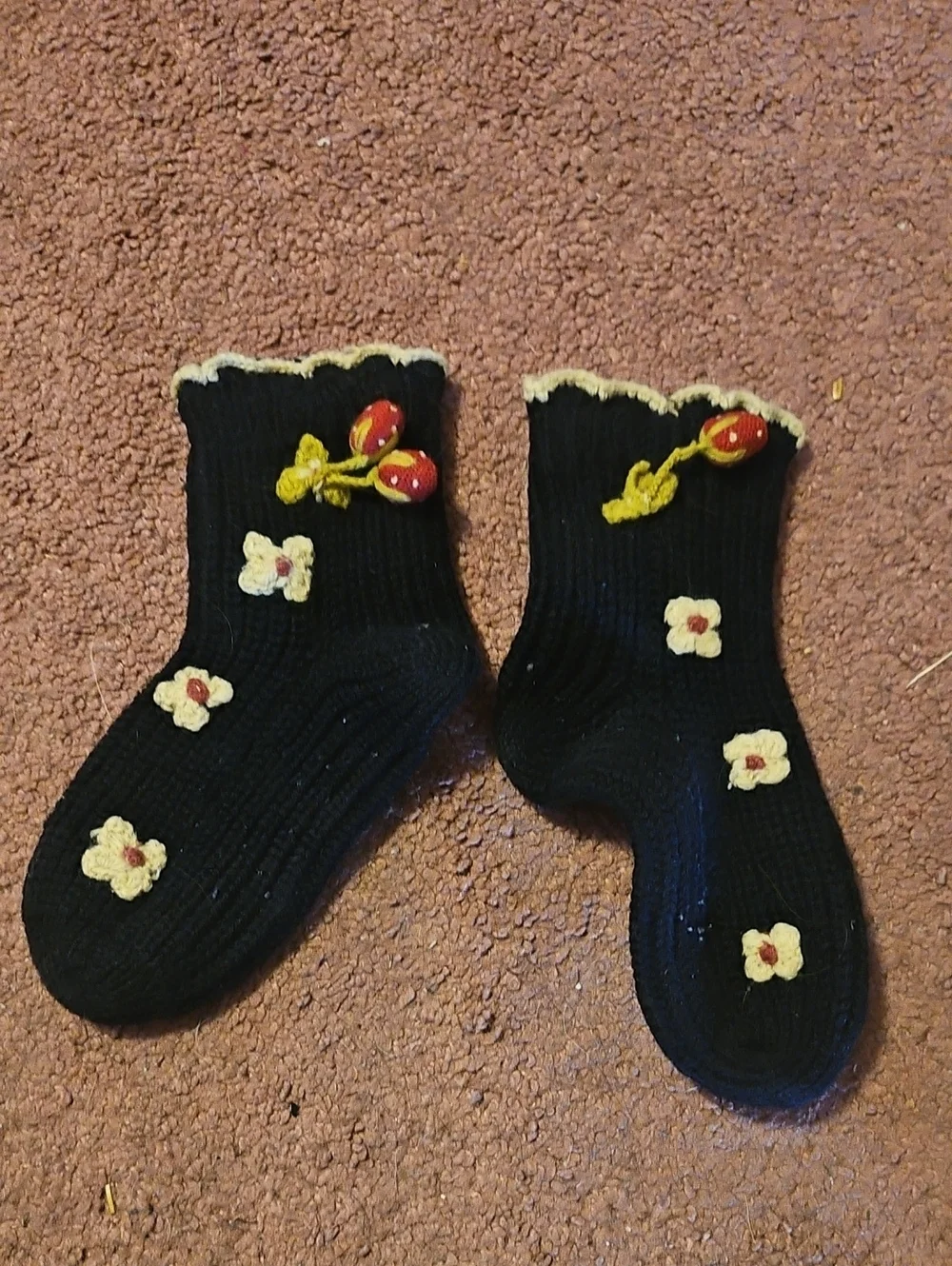 Kids Black Knit Socks with Yellow Floral Appliques